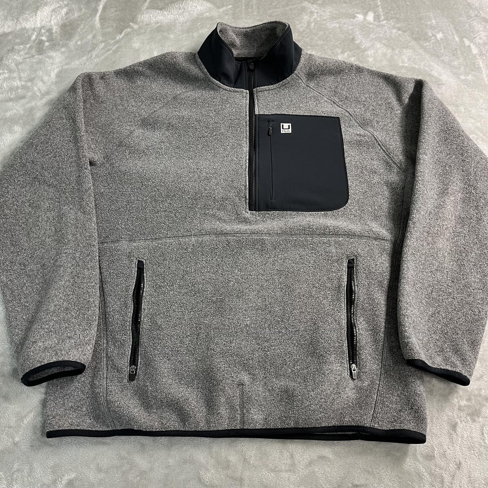 Huk Jacket‎ Mens Large Gray 1/2 Zip Fleece Stand Collar Chest Pocket Fishing